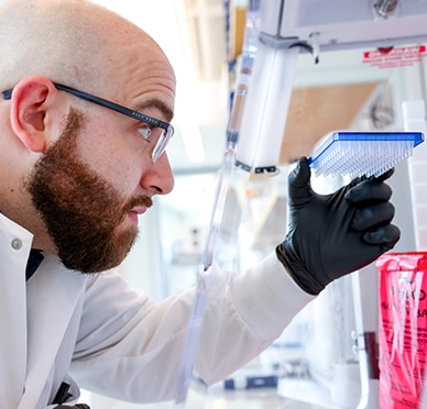 A scientist wearing protective glasses considers a set of vials