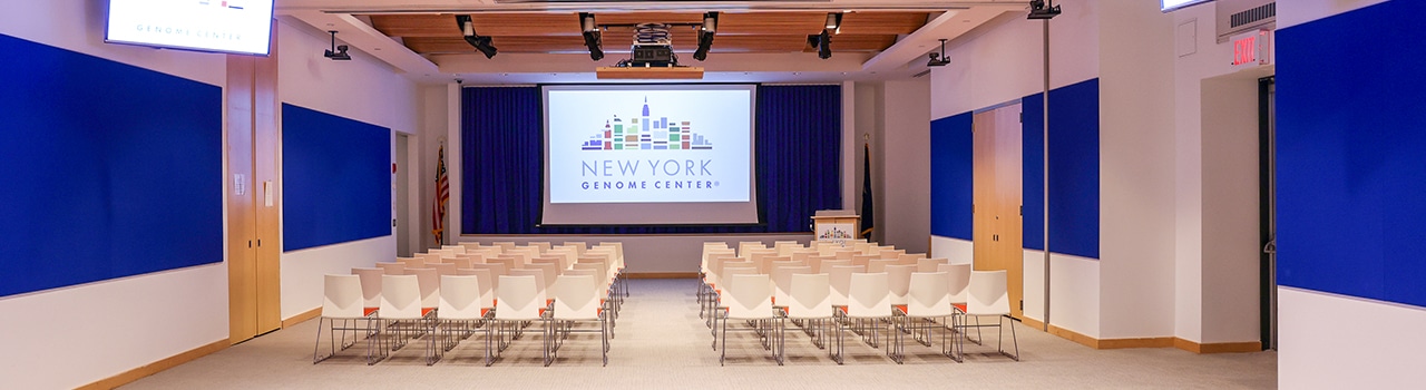 Presentation space with seating for approximately 80 people at New York Genome Center