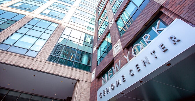 View of the signage above the entrance of the New York Genome Center