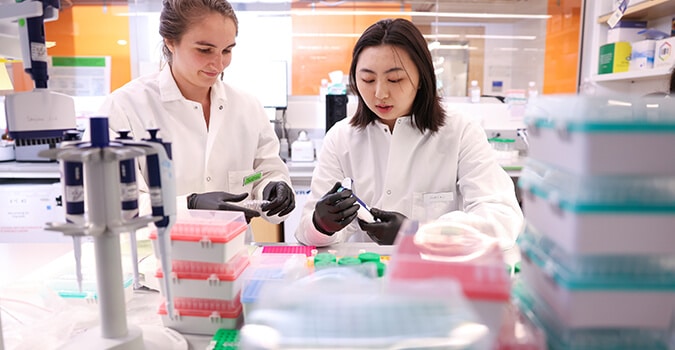 Two scientists consider a pipette in a lab at NYGC