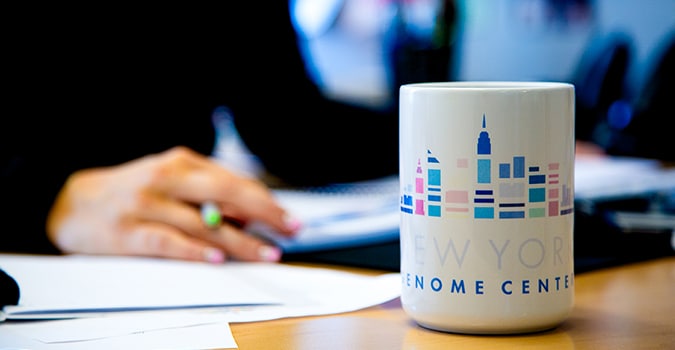 A mug showing the NYGC logo on a conference table